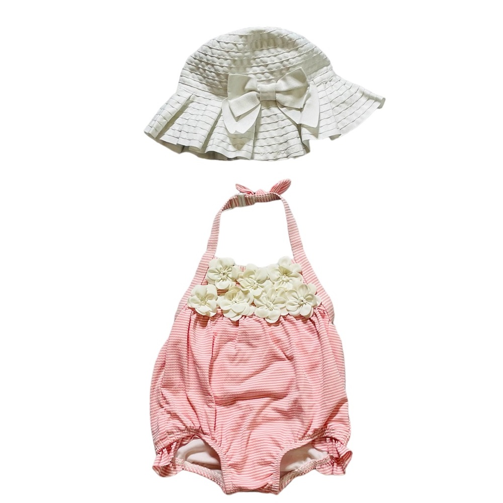 Janie and Jack Pink and White Striped Floral Halter Swimsuit and Hat
